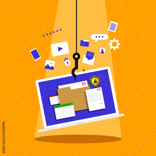 Hacker phishing personal data, vector concept.  Hacking and fraud Internet phishing attack on personal private data. Hacking and stealing email and money. Evil winning concept.