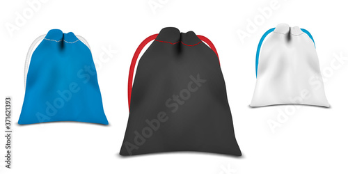 Drawstring bag isolated on white background, vector illustration. Color set. Easy to recolor