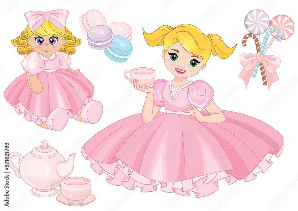 Toddler girl playing tea party with a doll Toddler girl playing tea party with a doll