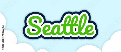 "Seattle", big bold stroke text in football colours, floating in sky with clouds. Editable, Removable background. Vector Illustration.