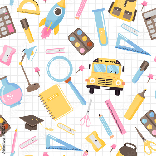 Seamless pattern with various school supplies. Back to school illustration on checkered background.