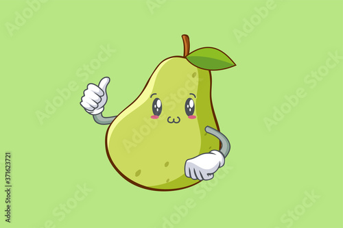 SMILING, HAPPY, UWU Face Emotion. Thumb Up Hand Gesture. Green Pear Fruit Cartoon Drawing Mascot Illustration. photo