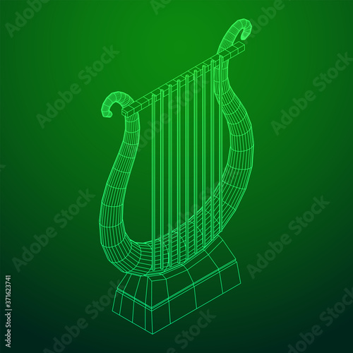 Ancient lyre or harp musical instrument. Music concept. Wireframe low poly mesh vector illustration.