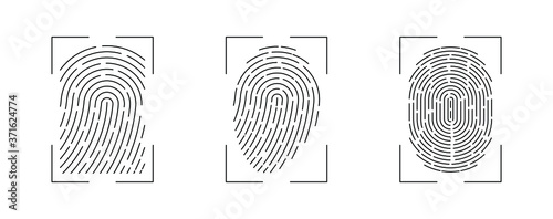 Vector Fingerprint Scanner Set. Security biometric thumb id identification set isolated on white background. Editable Stroke.