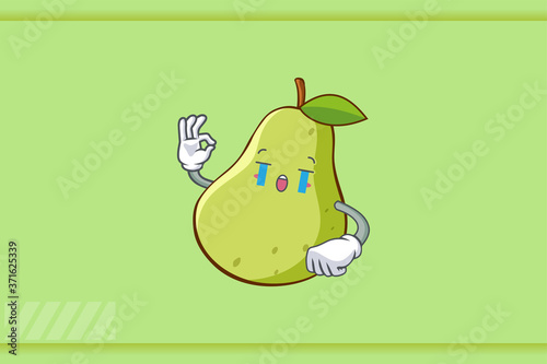 CRYING, SAD, SOB, CRY Face Emotion. OK Nice Hand Gesture. Green Pear Fruit Cartoon Drawing Mascot Illustration.