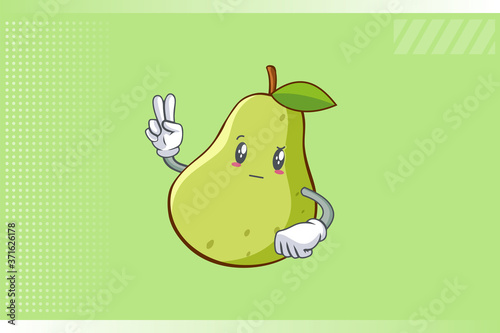 REALLY, ATTENTIVE, Curios Face Emotion. Peace Hand Gesture. Green Pear Fruit Cartoon Drawing Mascot Illustration.