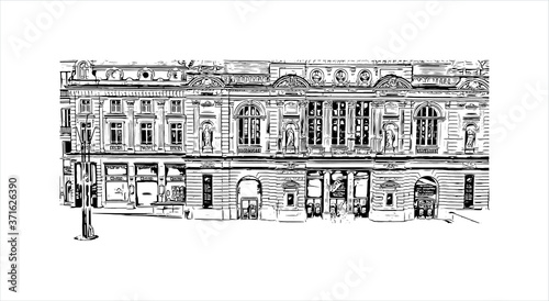 Building view with landmark of Angers is a city in western France beside the Maine river at the edge of the Loire Valley. Hand drawn sketch illustration in vector.