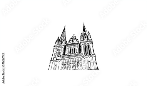 Building view with landmark of Angers is a city in western France beside the Maine river at the edge of the Loire Valley. Hand drawn sketch illustration in vector.