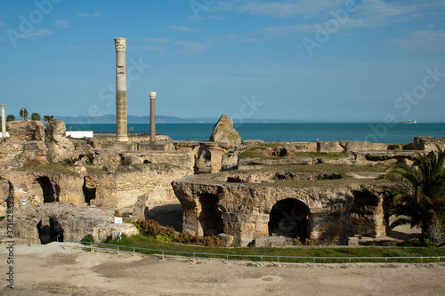 Carthage Tunisia, scene in roman baths of antoninus overlooking Mediterranean sea