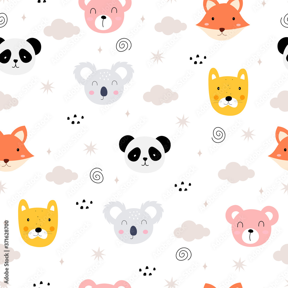 Seamless pattern Cartoon animal background with face Tiger, koala, fox, cute design hand drawn in kid style Used for printing, wallpaper, fabric, textiles Vector illustration