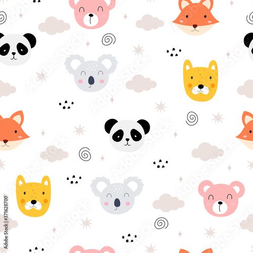 Seamless pattern Cartoon animal background with face Tiger  koala  fox  cute design hand drawn in kid style Used for printing  wallpaper  fabric  textiles Vector illustration