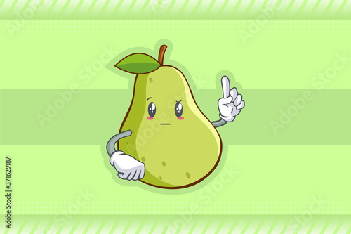 REALLY, ATTENTIVE, Curios Face Emotion. Forefinger Hand Gesture. Green Pear Fruit Cartoon Drawing Mascot Illustration.