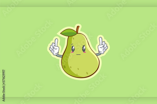 REALLY, ATTENTIVE, Curios Face Emotion. Double Forefinger Hand Gesture. Green Pear Fruit Cartoon Drawing Mascot Illustration.