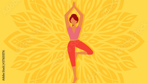 Yoga. Abstract woman stand in the Tree Pose (Vrksasana). The concept of yoga, meditation. Vector illustration. Bright mandala on the background.