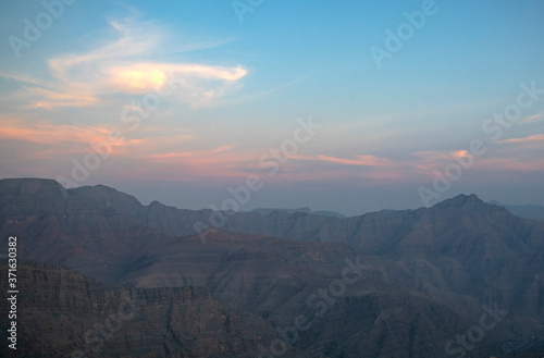 View from Jebael Jais mountain of Ras Al Khaimah emirate. United Arab Emirates 