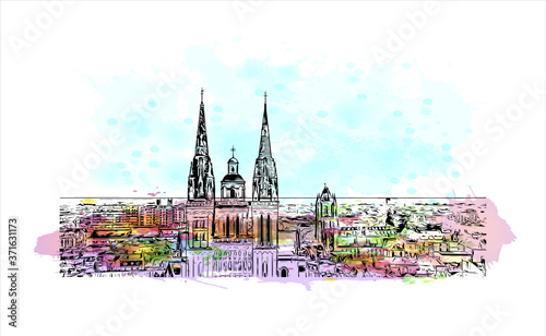 Building view with landmark of Angers is a city in western France beside the Maine river at the edge of the Loire Valley. Watercolor splash with hand drawn sketch illustration in vector.