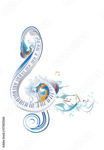 Abstract musical design with a treble clef and colorful splashes, notes and waves. Colorful treble clef. Hand drawn vector illustration.