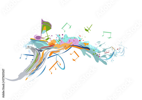 Abstract musical design with a treble clef and colorful splashes, notes and waves. Colorful treble clef. Hand drawn vector illustration.