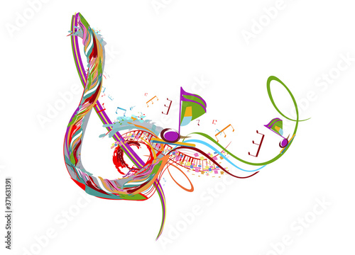Abstract musical design with a treble clef and colorful splashes, notes and waves. Colorful treble clef. Hand drawn vector illustration.