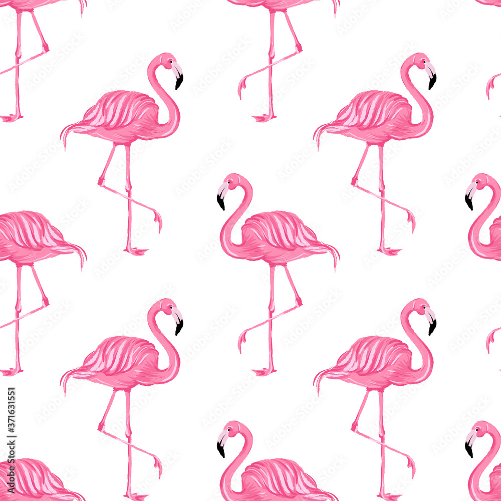 Naklejka premium Beautiful seamless vector tropical pattern with pink flamingos on white background. Abstract summer texture. vector illustration.