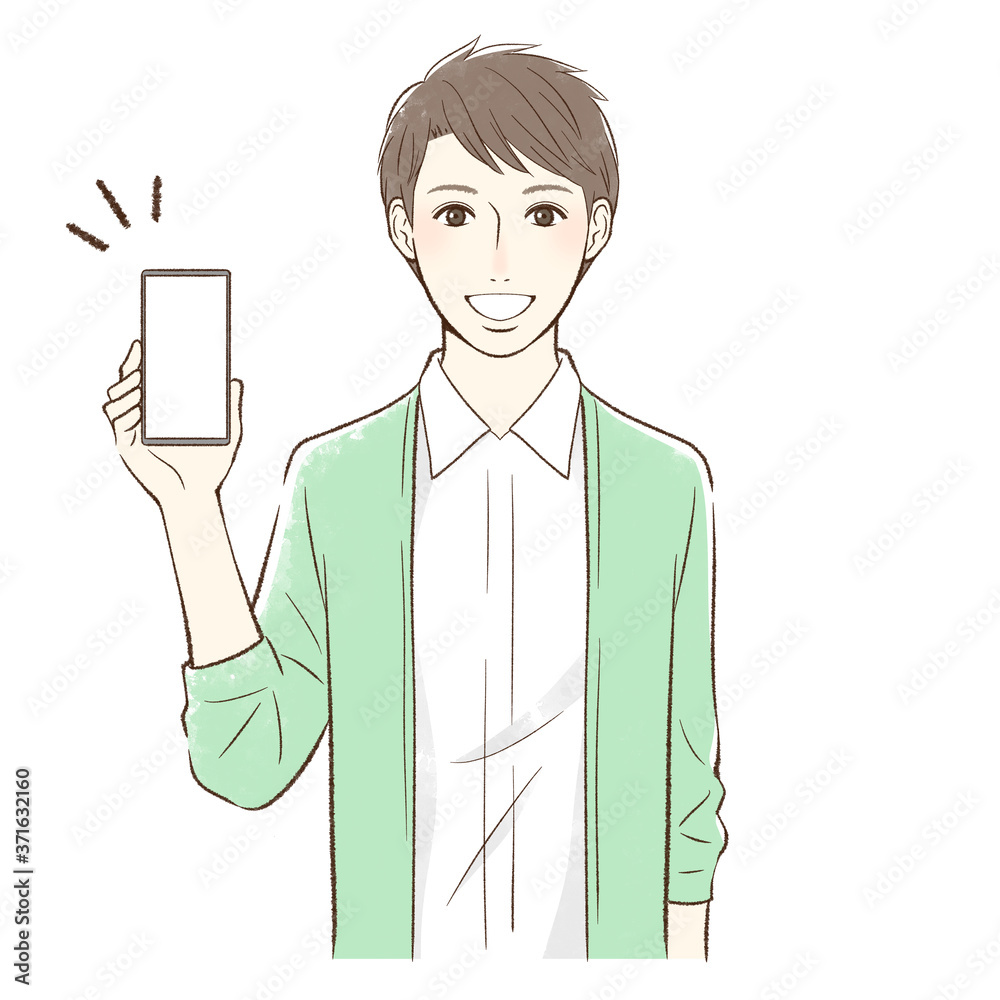 笑顔でスマホの画面を見せる正面向きの男性 縦持ち Illustration Stock Adobe Stock 笑顔でスマホの画面を見せる正面向きの男性 縦持ち Illustration Stock Adobe Stock