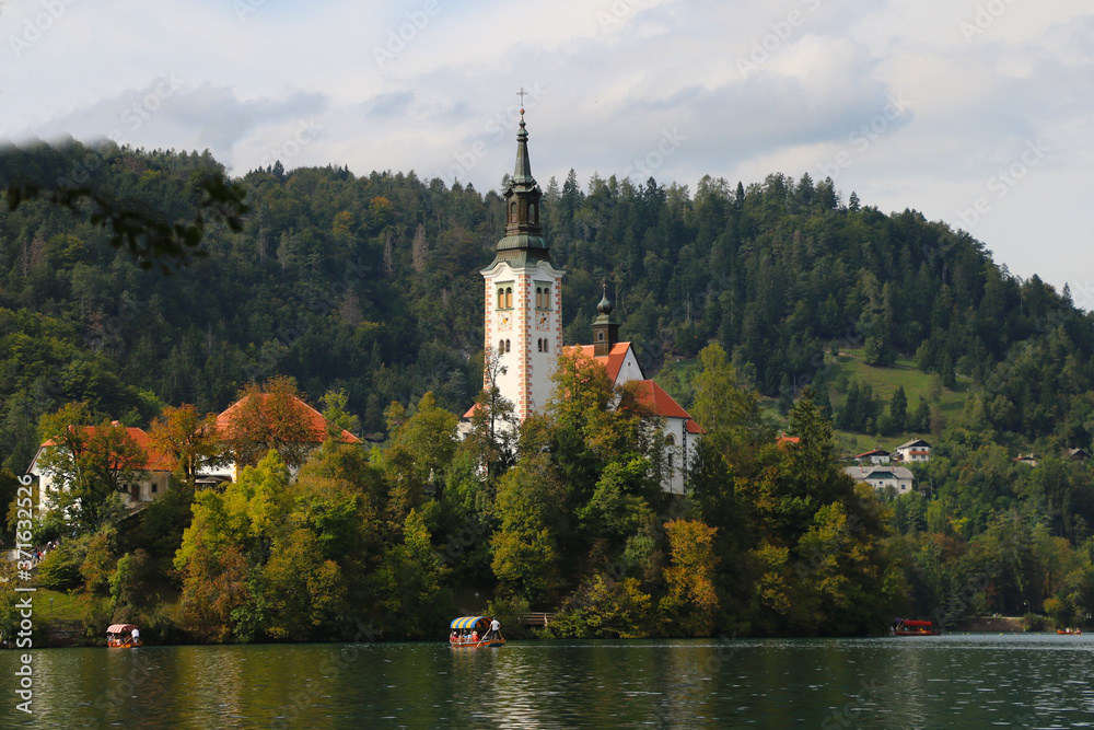 Bled Lake in Slovenia with Church. Slovenia Top Romantic Travel Destination. Bled Lake in Slovenia with Church. Slovenia Top Romantic Travel Destination.