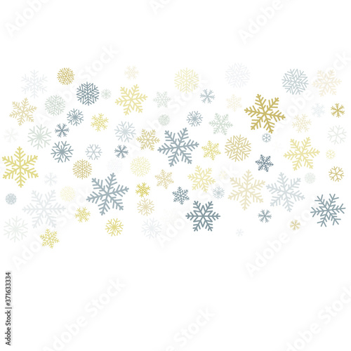 Christmas snowflakes background with place for text. Winter gold and silver snow minimal frame decoration on white, greeting card. New Year Holidays subtle backdrop. Vector illustration