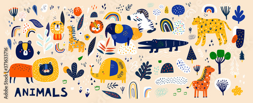 Abstract doodles. Baby animals pattern. Fabric pattern. Vector illustration with cute animals. Nursery baby pattern illustration