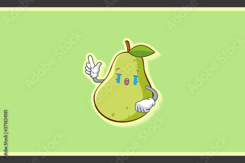 CRYING, SAD, SOB, CRY Face Emotion. Forefinger Hand Gesture. Green Pear Fruit Cartoon Drawing Mascot Illustration.