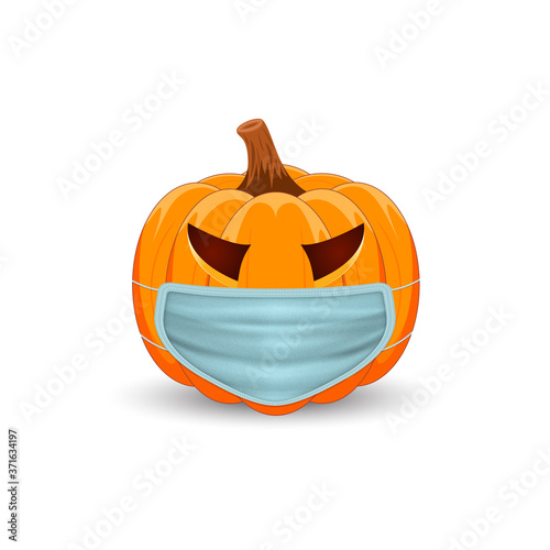 Pumpkin with medical mask on white background. The main symbol of the Happy Halloween holiday. Orange pumpkin with smile for your design for the holiday Halloween.