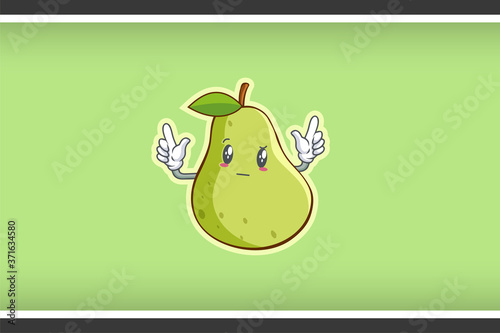 REALLY, ATTENTIVE, Curios Face Emotion. Double Forefinger Handgun Gesture. Green Pear Fruit Cartoon Drawing Mascot Illustration.
