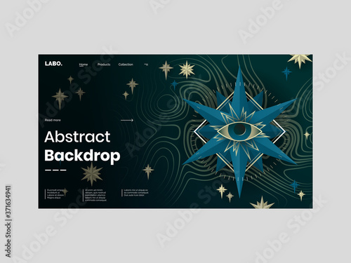 Abstract homepage design. Modern landing page template, concept. 3d eye, star, rose of wind. Blue, gold, green. Graphic element for poster, cover, print, decoration. Map texture. Eps10 vector. 