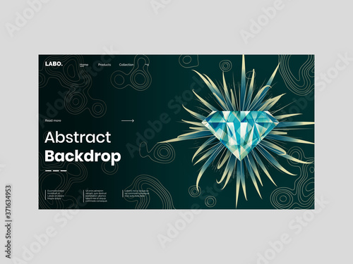 Abstract homepage design. Modern landing page template, concept. Green, yellow diamond. Foliage, grass. Green wallpaper. Golden map texture. Eps10 vector. 