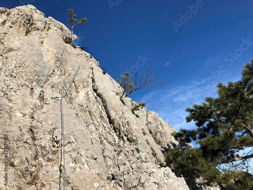 a rope on the rock for climbing