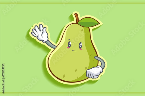 REALLY, ATTENTIVE, Curios Face Emotion. Waving Hand Gesture. Green Pear Fruit Cartoon Drawing Mascot Illustration.