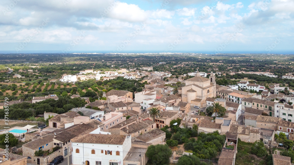 Aerial view of the village church S'Alqueria Blanca