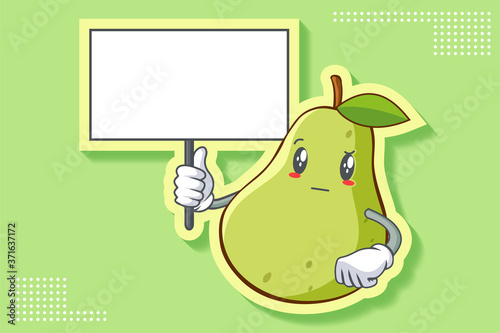 REALLY, ATTENTIVE, CURIOS Face Emotion. Holding Whiteboard Hand Gesture. Green Pear Fruit Cartoon Drawing Mascot Illustration.