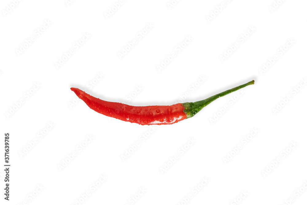 Red chilli pepper, isolated on white background, dewy drops Red chilli pepper, isolated on white background, dewy drops