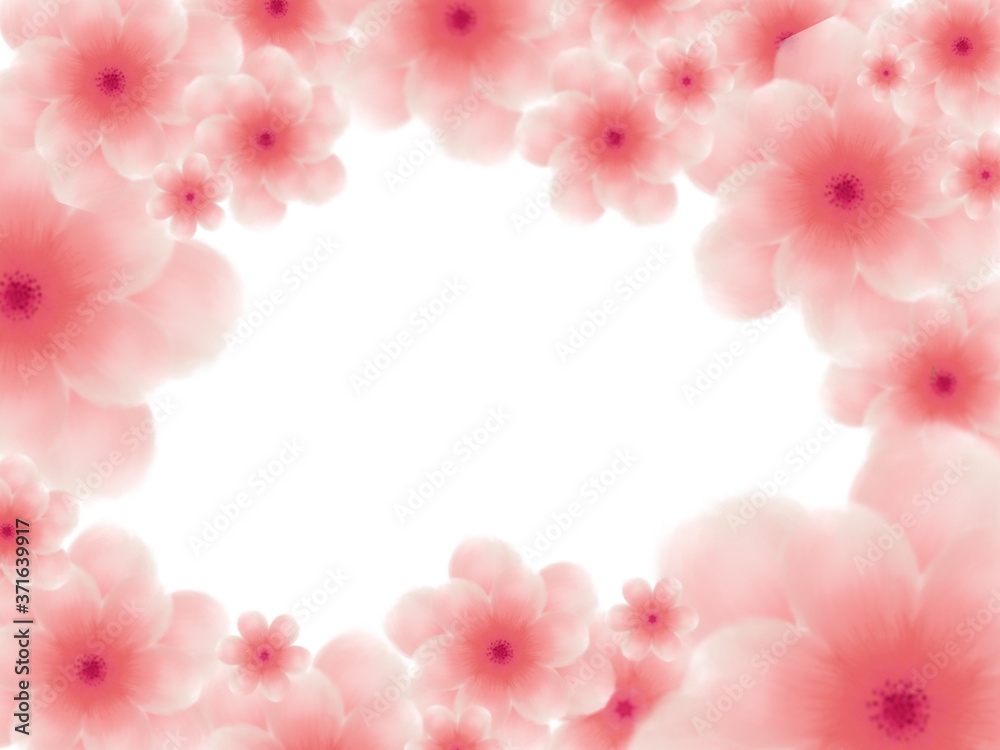 Many sizes of pink blossom flowers frame on white background
