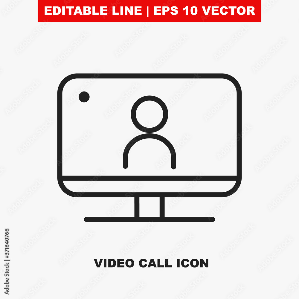 Virtual video webinar. Editable stroke vector icon of a desktop computer screen with an online digital broadcast on a social streaming tv channel. Line symbol of a newscast call or work meeting V2