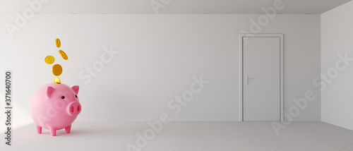 piggy bank and coins in empty apartment with white walls, 3D illustration and mockup background concept	
