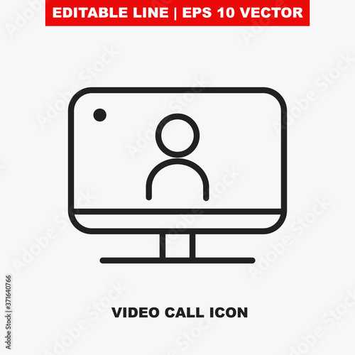Virtual video webinar. Editable stroke vector icon of a desktop computer screen with an online digital broadcast on a social streaming tv channel. Line symbol of a newscast call or work meeting V2