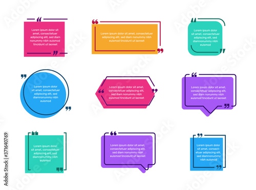 Text quote frame vector template. Info speech bubble shapes set for quotation box background. Colored note textbox design for chat or feedback description. Empty geometric message frames for chat SET1