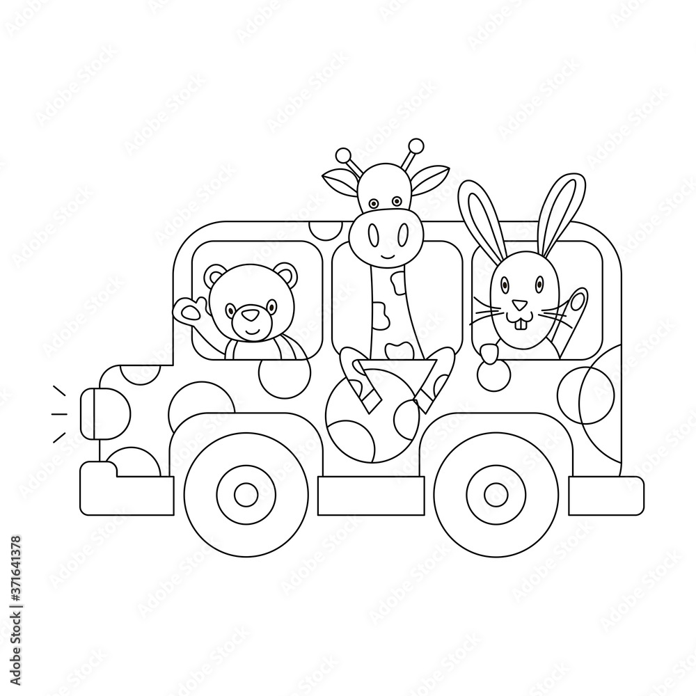 Vector coloring book for children with a typewriter and toys. Vector  illustration with animals. Bus with toys. Coloring page. Stock Vector |  Adobe Stock