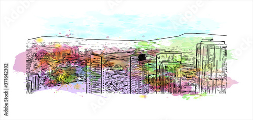 Building view with landmark of Ankara, Turkey’s cosmopolitan capital, sits in the country’s central Anatolia region. Watercolor splash with hand drawn sketch illustration in vector.