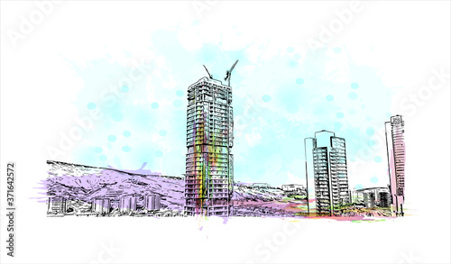 Building view with landmark of Ankara, Turkey’s cosmopolitan capital, sits in the country’s central Anatolia region. Watercolor splash with hand drawn sketch illustration in vector.