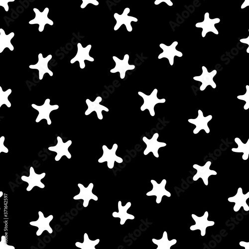 Cute pattern with stars. Abstract vector illustration. Decorative white elements on black background. For backdrops decoration, cards, wallpaper, textile, fabric, wrappers, additions to the design.
