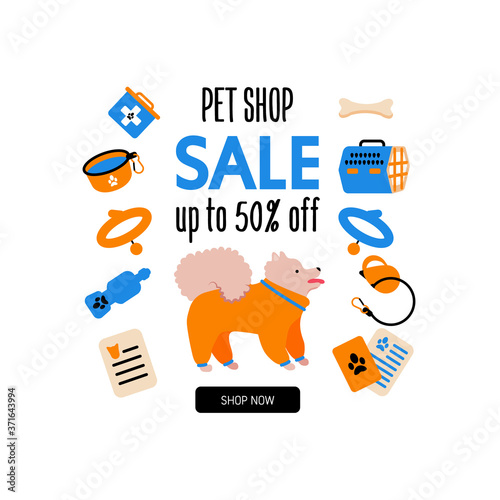 Promotion card for pet shop. Sale discount banner with spitz dog for different design.