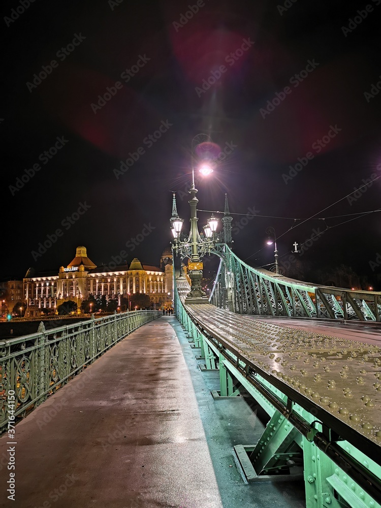 Obraz premium The Liberty Bridge and the Budapest Gellert hotel in the evening lights