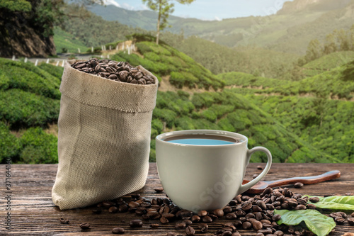 A Cup of fresh coffee and roasted beans in a bag on the table against the backdrop of a landscape of coffee plantations